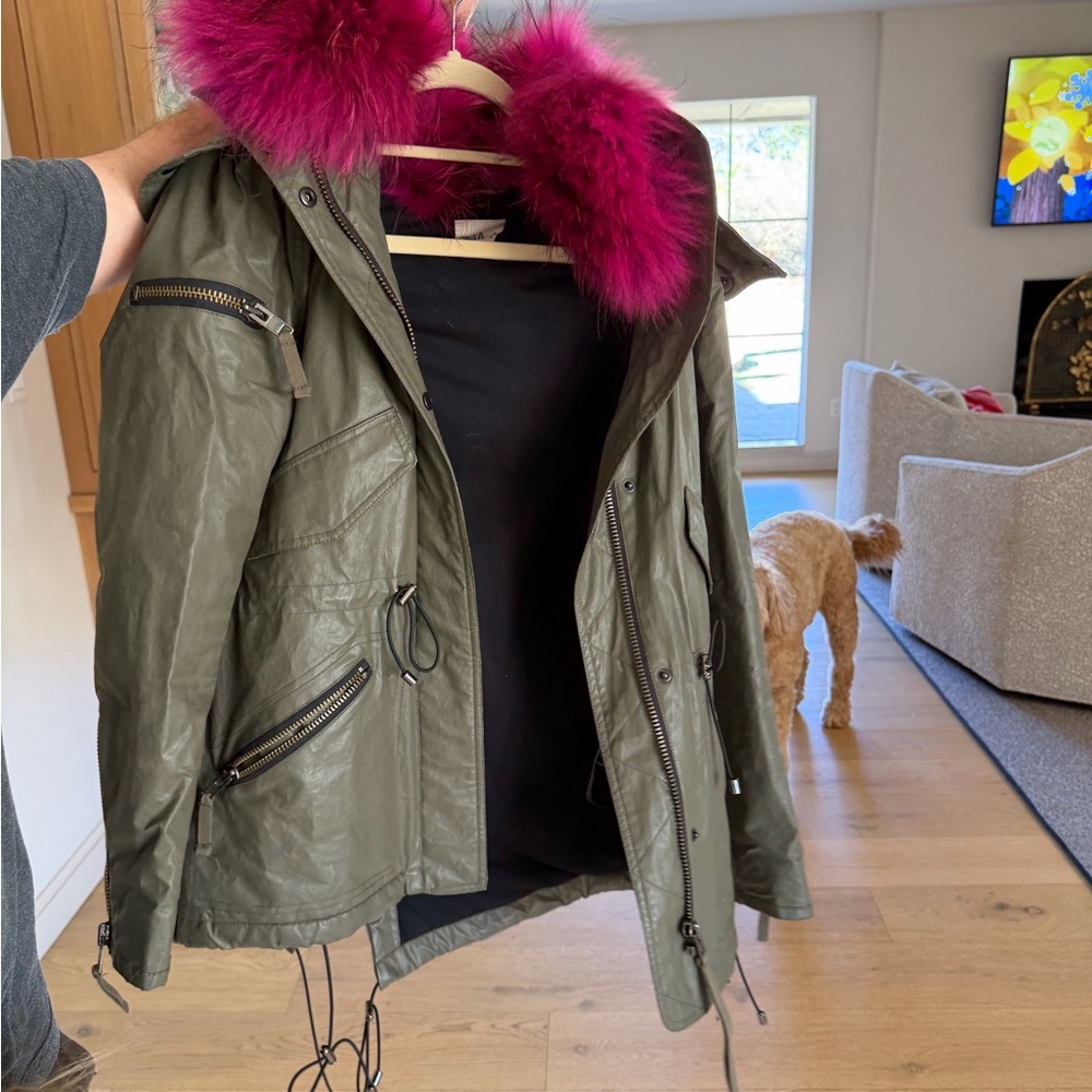 SAM. Olive Utility Jacket with Fuchsia Fur Trim